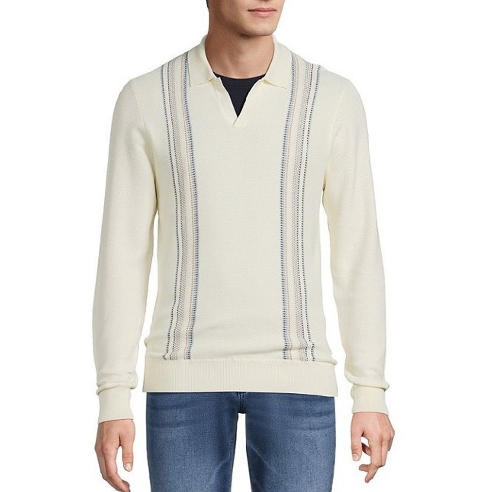 ROWM Mens Supima Cotton Long Sleeve Polo Sweater Winter White Stripe Size M NEW